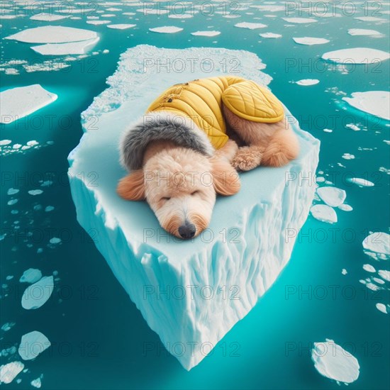 Dog Animal character in yellow golden puffer jacket lies on a block of ice alone in the middle of the ocean sea. Environmental issue, climate change agenda, AI generated