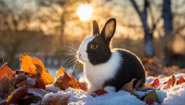 KI generated, A black and white dwarf rabbit in a meadow with autumn leaves, onset of winter, ice, snow, winter, side view, (Brachylagus idahoensis)