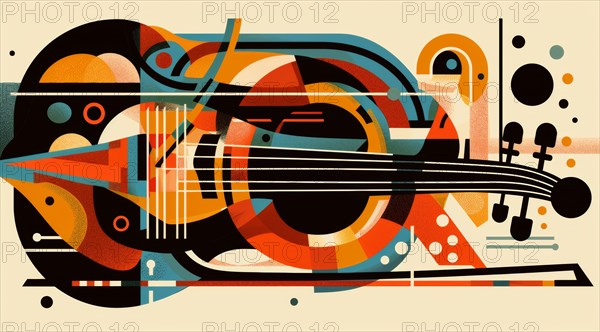 A geometric and colorful abstract portrayal of a cello highlighted with orange and blue, ai generated, AI generated