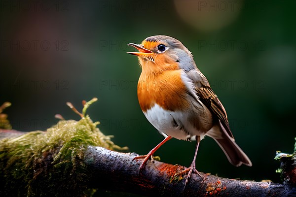 European robin perched on a thin branch, singing, AI generated