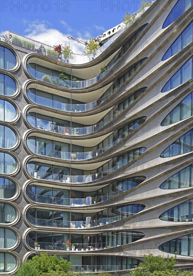 Facade of residential building 520 West 28th Street by architect Zaha Hadid, at High Line Park, Hudson Yards, Chelsea neighbourhood, West Manhattan, New York City, New York, USA, North America