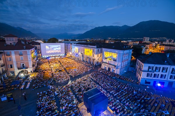 Aerial View over Film Festival Locarno in Blue Hour in Ticino, Switzerland, Europe