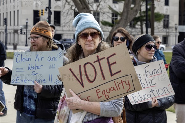 Lansing, Michigan USA, 2 March 2024, The Poor Peoples Campaign organized a march and rally at the Michigan State Capitol, part of a coordinated day of action in 32 states. Among the group's demands were a living wage, affordable healthcare, fully-funded public education, and clean air and water