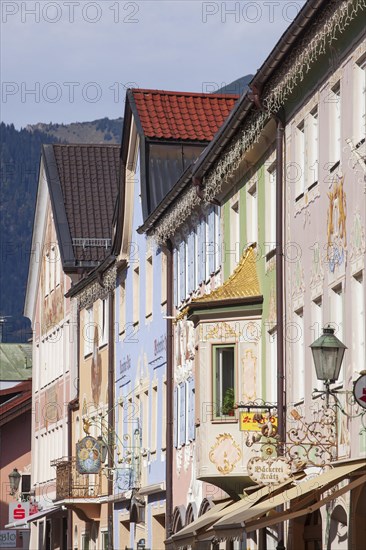 Ludwigstrasse with historic houses and Lueftlmalereien, Partenkirchen district, Garmisch-Partenkirchen, Werdenfelser Land, Upper Bavaria, Bavaria, Germany, Europe