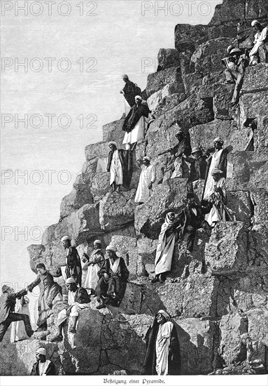 Climbing a pyramid, Cairo, Egypt, Europeans, Arabs, helpers, Africa, historical illustration 1890, Africa