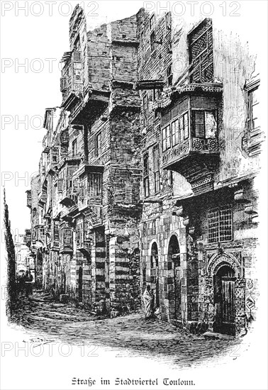 Street in Tonlon neighbourhood, Cairo, Egypt, alley, balconies, front view, oriental, Africa, historical illustration 1890, Africa