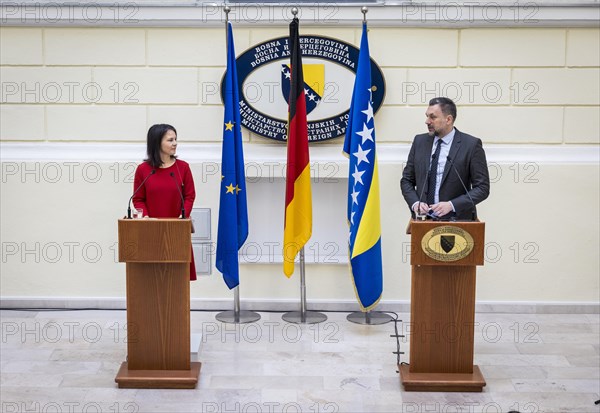 Annalena Baerbock (Alliance 90/The Greens), Federal Foreign Minister, pictured during her visit to Bosnia and Herzegovina. Here at a press conference with Foreign Minister Elmedin Konakovic. 'Photographed on behalf of the Federal Foreign Office'