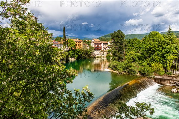 View from the 15th century Ponte del Diavolo leading over the Natisone river into the historic centre, Devil's Bridge, Cividale del Friuli, city with historical treasures, UNESCO World Heritage Site, Friuli, Italy, Cividale del Friuli, Friuli, Italy, Europe