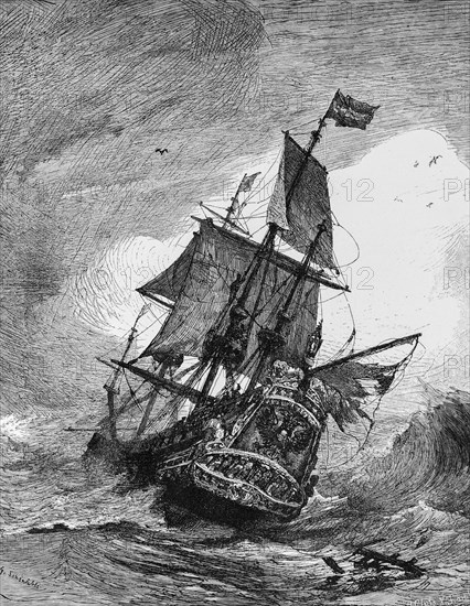 Hansa warship in the 17th century, Hanseatic League, heavy seas, storm, three-master, flag, coat of arms, sails set, historical illustration 1880