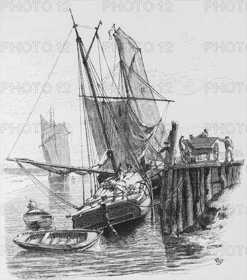 Wadden Ewer, North Sea, East Frisia, two-master, sailing ship, flat bottom for coastal waters, Lower Saxony, jetty, horse-drawn carriage, freight loaded, Germany, historical illustration 1880, Europe