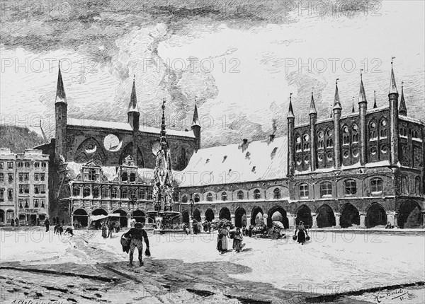 Market place and town hall in Luebeck, Hanseatic city, world cultural heritage, arcades, Gothic, people, merchants, Schleswig-Holstein, Germany, historical illustration 1880, Europe