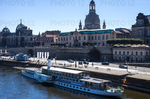 The passenger steamer DRESDEN at the landing stage on the Terrassenufer at the Bruehlsche Terrasse with the Church of Our Lady in the background, Inner Old Town, Dresden, Saxony, Germany, Europe