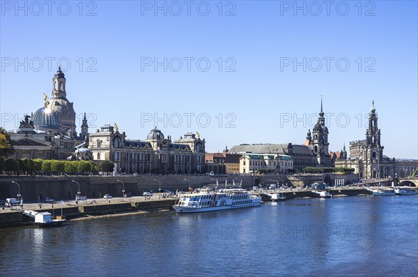 View of the historic old town ensemble on the Terrassenufer in Dresden, Saxony, Germany, Europe