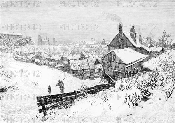 Cityscape of Gdansk in winter, snowy landscape, roofs, church, half-timbered house, smoke, chimney, Poland, historical illustration 1880, Europe