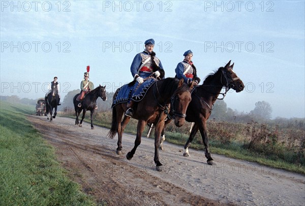 Participants of a cavalry march from Bad Dueben to Leipzig on 16 October 1998. On the 185th anniversary of the Battle of Leipzig in 1813, the battle is authentically re-enacted in historical battle scenes