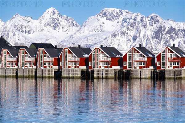 Lofoten, Norway. Solvaer, Nordland province. Holiday flats by the harbour basin, Svolvaer, Nordland, Lofotoen, Norway, Europe