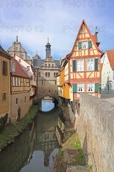 Historic Main Gate, half-timbered house Malerwinkelhaus and Breitbach, town gate, town tower, stream, town wall, museum, Marktbreit, Lower Franconia, Franconia, Bavaria, Germany, Europe