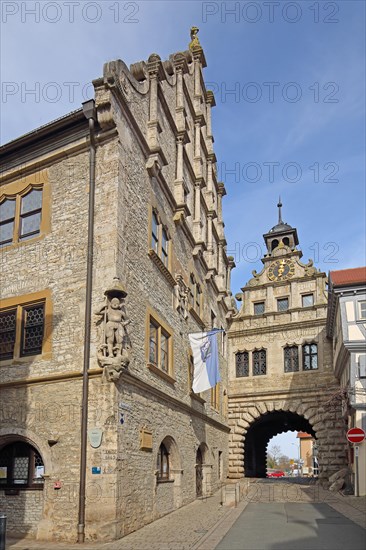 Renaissance town hall built in 1580 and historic Main Gate, town gate, gate tower, Marktbreit, Lower Franconia, Franconia, Bavaria, Germany, Europe