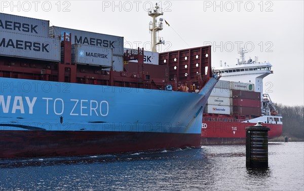 Container ship Laura Maersk travelling through the Kiel Canal, Kiel Canal, Schleswig-Holstein, Germany, Europe