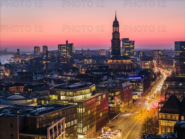 Aerial view of St. Michael's Church (Michel) with harbour and Elbe at sunset and sunset, Hamburg, Germany, Europe