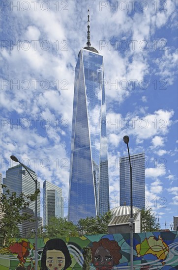 Graphite on construction site fence in front of One World Trade Centre or Freedom Tower, Ground Zero, Lower Manhattan, New York City, New York, USA, North America