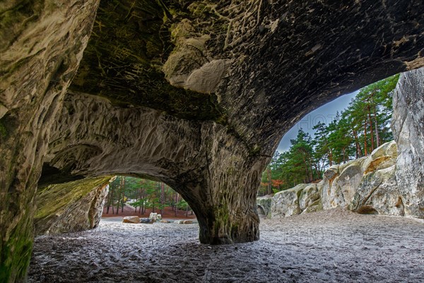 Engravings in the Sandhoehlen, sandstone caves in forest called Im Heers below the crags of Regenstein near Blankenburg, Harz, Saxony-Anhalt, Germany, Europe