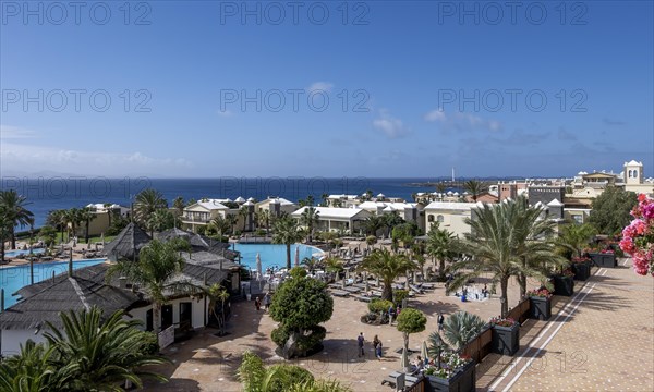 View over the H10 Rubicon Palace hotel complex on the Atlantic Ocean, Lanzarote, Canary Island, Spain, Europe