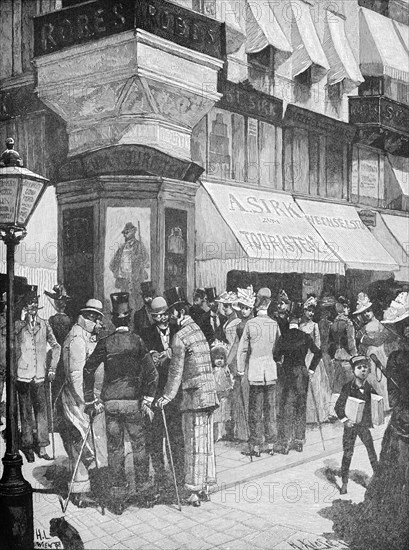 At the Gigerlecke in Vienna, street scene, many people, drinking Heurigen, wine, bar, shops, lantern, newsboy, Austria, historical illustration 1890, Europe