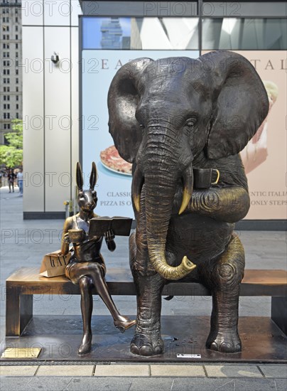 Bronze artwork for endangered animals, elephant and rabbit sitting on bench drinking coffee, exhibition A Wild Life for Wildlife, artists Gillie and Marc, in front of Oculus building, Transportation Hub, Ground Zero, Lower Manhattan, New York City, New York, USA, North America