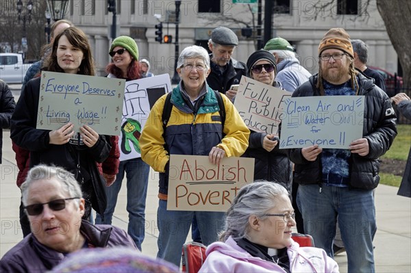 Lansing, Michigan USA, 2 March 2024, The Poor Peoples Campaign organized a march and rally at the Michigan State Capitol, part of a coordinated day of action in 32 states. Among the group's demands were a living wage, affordable healthcare, fully-funded public education, and clean air and water