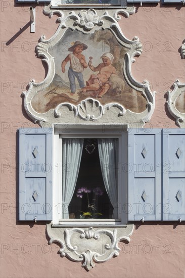 Window in a historic house with Lueftlmalerei in Ludwigstrasse, Partenkirchen district, Garmisch-Partenkirchen, Werdenfelser Land, Upper Bavaria, Bavaria, Germany, Europe