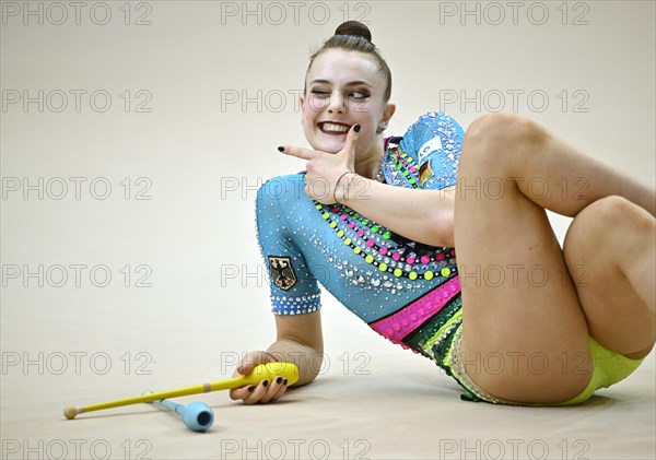 Margarita Kolosov (GER) Action, clubs, rhythmic gymnastics, RSG, Schmiden International 2024, Fellbach, Baden-Wuerttemberg, Germany, Europe