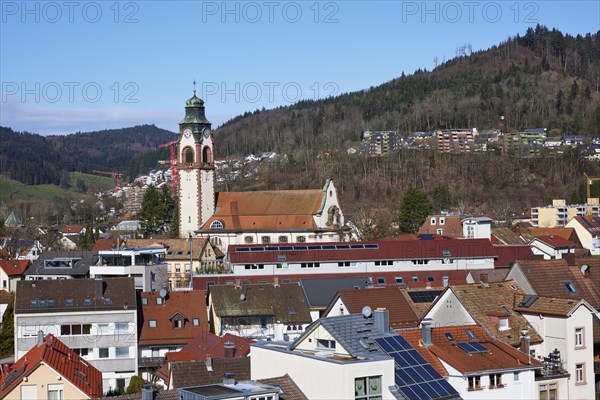 St Joseph's Catholic Church and view of Waldkirch, Emmendingen district, Baden-Wuerttemberg, Germany, Europe