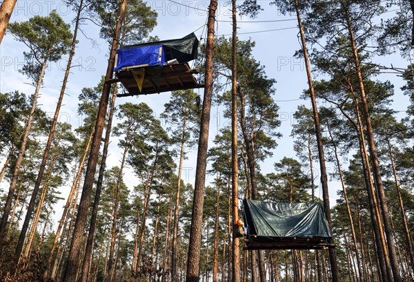 Tree houses in the forest near Gruenheide. The activist group Stop Tesla has built tree houses in the forest to protest against the planned expansion of the Tesla plant, 04.03.2024