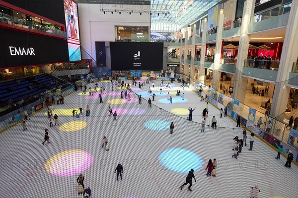 Ice skating rink in the Dubai Mall shopping centre. The largest mall in the world offers countless shopping and entertainment options. Dubai, United Arab Emirates, Asia