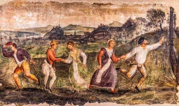 Rural dance, Termpera mural painting, c. 1540, Museo Civico d'Arte, Palzuo Ricchieri, historic centre with magnificent aristocratic palaces and Venetian-style arcades, Pordenone, Friuli, Italy, Pordenone, Friuli, Italy, Europe