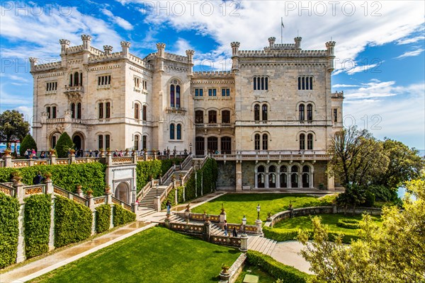 Miramare Castle in white limestone with a marvellous view of the Gulf of Trieste, 1870, residence of Maximilian of Habsburg-Lorraine and Austria, princely living culture in the second half of the 19th century, Friuli, Italy, Trieste, Friuli, Italy, Europe