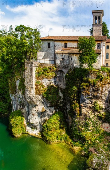 View from the 15th century Ponte del Diavolo leading over the Natisone river into the historic centre, Devil's Bridge, Cividale del Friuli, city with historical treasures, UNESCO World Heritage Site, Friuli, Italy, Cividale del Friuli, Friuli, Italy, Europe