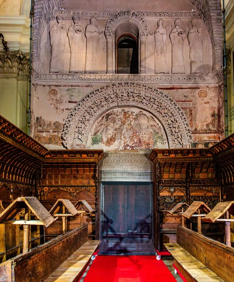 Wooden choir of the Tempietto Lombardo with medieval, Byzantine-influenced stucco decorations, Monastery of Santa Maria in Valle, Tempietto longobardo, 8th century, Cividale del Friuli, city with historical treasures, UNESCO World Heritage Site, Friuli, Italy, Cividale del Friuli, Friuli, Italy, Europe