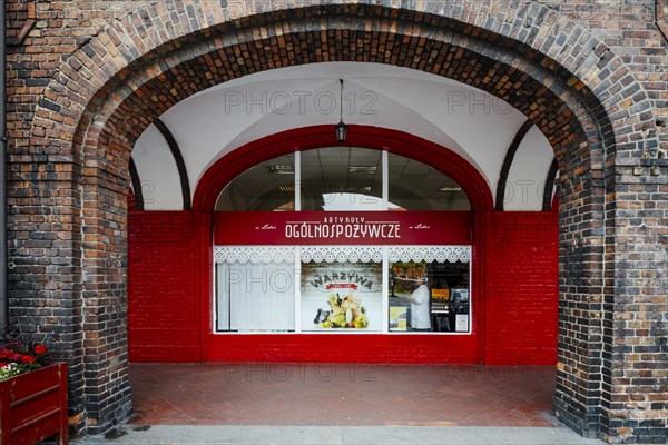 Nikiszowiec, Poland, 14 April 2020: Shop window of grocery shop in the mining district of Katowice, Silesia, Europe