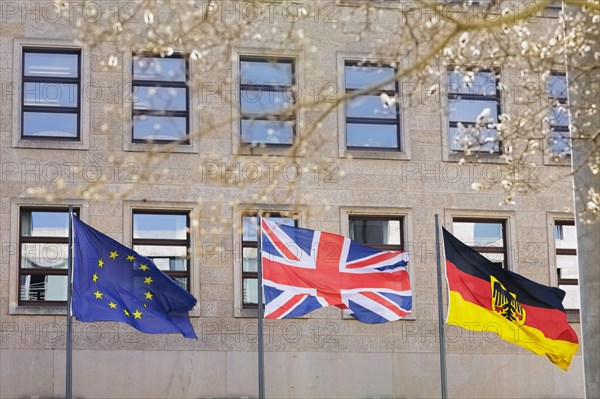 The flags of Great Britain, Germany and the European Union wave in the wind. Berlin, 07.03.2024. Photographed on behalf of the Federal Foreign Office