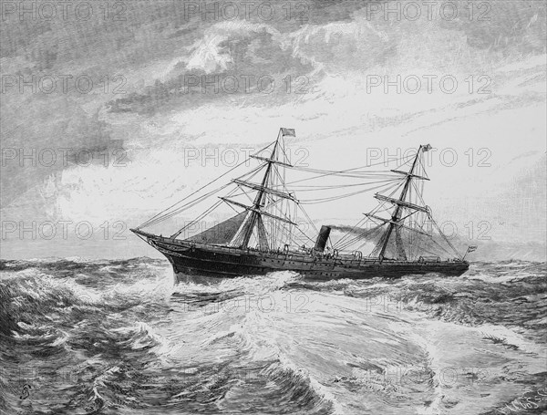Lloyd steamer on the high seas, shipping company, steamship, two-master, heavy seas, high waves, strong wind, spray, historical illustration 1880
