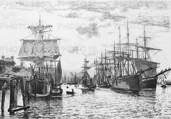 Hamburg harbour, moorings, dolphins, many sailing ships, landing stage, rowing boats, trade, Germany, historical illustration 1880, Europe