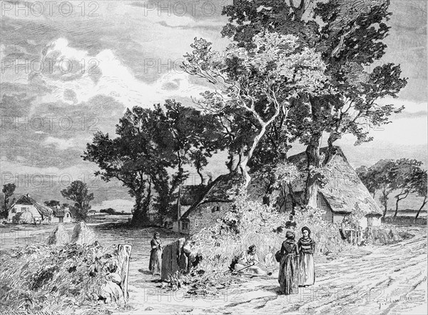 Island Foehr, North Sea, Schleswig-Holstein Wadden Sea, farmer's cottage, thatched roof, rural scene, two woman talking, sandy path, trees, Schleswig-Holstein, Germany, historical illustration 1880, Europe