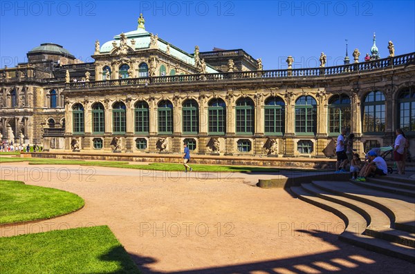 Picturesque scenery in the inner courtyard of the Dresden Zwinger, a jewel of Saxon Baroque, Dresden, Saxony, Germany, for editorial use only, Europe