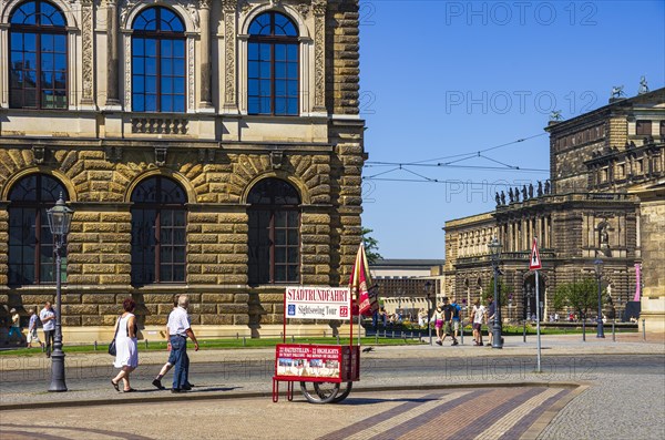 Ticket sales stand and stop for city tours on Sophienstrasse in front of the Dresden Zwinger, Inner Old Town, Dresden, Saxony, Germany, for editorial use only, Europe