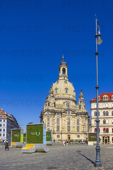Tourist scene in front of the Church of Our Lady on the Neumarkt in Dresden, Saxony, Germany, for editorial use only, Europe