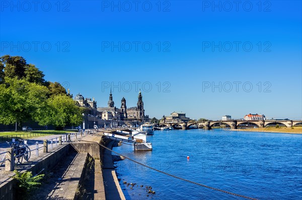 View of the historic old town ensemble on the Terrassenufer in Dresden, Saxony, Germany, Europe