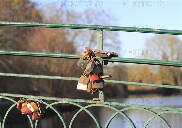 Love locks on the railing of a bridge, North Rhine-Westphalia, Germany, Europe