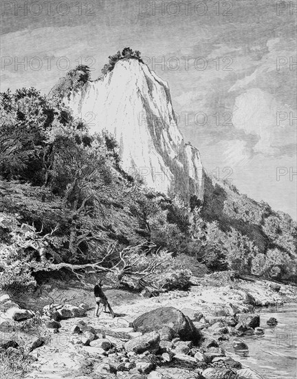 Koenigsstuhl on Ruegen, Baltic Sea island, chalk cliffs, wild landscape, steep coast, Mecklenburg-Western Pomerania, Germany, historical illustration 1880, Europe